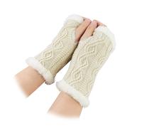 Andiker Women Knit Fingerless Gloves, Winter Plush Warm Gloves Mitten Wrists Warmer Arm Glove with Thumb Hole (Beige)