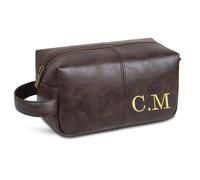 Andisijq Personalised Mens Leather Wash Bag,Custom Mens PU Leather Travel Toiletry Bag Embroidered with Initials,Gifts for Men,Anniversaries,Groomsmen Gifts, Dark Brown, Engraved