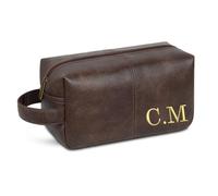 Andisijq Personalised Mens Leather Wash Bag,Custom Mens PU Leather Travel Toiletry Bag Embroidered with Initials,Gifts for Men,Anniversaries,Groomsmen Gifts, Coffee, Engraved