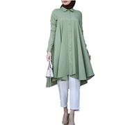 Andiwa Women's Muslim Tunic Shirts Elegant Irregular Blouse Casual Long Sleeve Button Down Tops Islamic Clothes (Green,M)