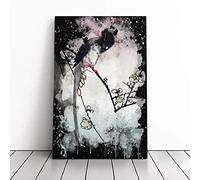 Ando Hiroshige Plum Blossom and Magpie Japanese Oriental Art - Canvas Print Wall Art - Home Decor Stretched & Framed Picture - Coal Black - 20x14 Inch