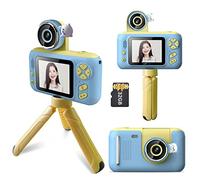Andoer Kids Digital Camera 1080P 40MP with Tripod 2.4" IPS Screen 180° Rotating Lens 32GB Memory Card Selfie Camera Kids Gift Blue Yellow