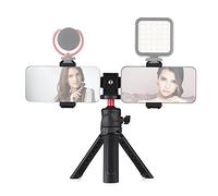 Andoer Multifunctional Smartphone Video Kit Including Universal Phone Tripod Mount with Dual Phone Holders 4 Cold Shoe Mounts Desktop Tripod for Vlog Live Streaming Oline Video Teaching Meeting