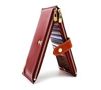 ANDOILT Women's Genuine Leather Wallet RFID Blocking Credit Card Holder Zipper Purse Cell Phone Handbag Red Brown
