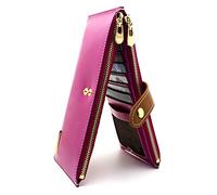 ANDOILT Women's Genuine Leather Wallet RFID Blocking Credit Card Holder Zipper Purse Cell Phone Handbag Rose Red