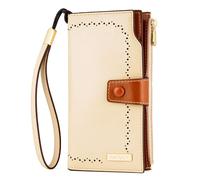 ANDOILT Women's RFID Blocking Large Capacity Luxury Wax Genuine Leather Clutch Wallet Card Holder Organizer Ladies Purse, Creamy White & Hole Pattern, One Size, Concise Style