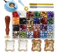 Andotopee Vintage Embossed Frame Wax Seal Stamp Kit - 3D Relief Frame Seal Stamps with 24-Color Sealing Beads 600pcs, Electric Wax Warmer, Spoon & Pens for Wedding Invitations, Letters (Rectangle #4)