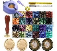 Andotopee Vintage Embossed Frame Wax Seal Stamp Kit - 3D Relief Frame Seal Stamps with 24-Color Sealing Beads 600pcs, Electric Wax Warmer, Spoon & Pens for Wedding Invitations, Letters (Oval #6)