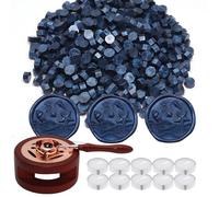 Andotopee Wax Seal Beads Kit - 300pcs Navy Blue Sealing Wax Beads with Wood Melting Warmer, Spoon & 10 Mini Candles for Stamp Seals, Wedding Invitation, Envelope, Cards, Gift Wrapping Decorations