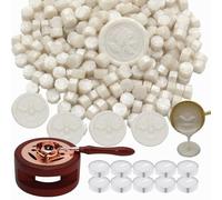 Andotopee Wax Seal Beads Kit - 300pcs Pearl White Sealing Wax Beads with Wood Melting Warmer, Spoon & 10 Mini Candles for Stamp Seals, Wedding Invitation, Envelope, Cards, Gift Wrapping Decorations