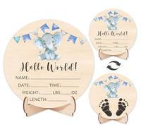 Andrain Double-Sided Wooden Newborn Birth Sign, Blue Elephant Baby Announcement Sign, Elephant Hello World Name Sign for Hospital, Gift for New Mom Baby Shower, Photography Prop
