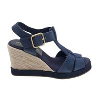 Andre Assous Womens Farami Wedge Round Toe Sandal, Lightweight Leather Espadrille T-Strap With Flex EVA Outsole, Navy, 8 Narrow