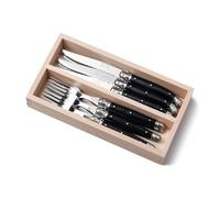 Andre Verdier Laguiole 12 Piece Steak Knife and Fork Set for 6 People in a Wodden Display Tray - Black
