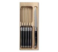 Andre Verdier Laguiole Steak Knife Set of 6 in Wooden Tray, Premium Stainless Steel - Sharp Serrated Knife Set, Made in France, Black