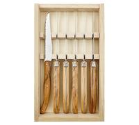 Andre Verdier Laguiole Steak Knife Set of 6 with Sharp Serrated Edge and Olive Wood Handles in Wooden Gift Box