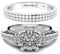 AndreAngel 2 Piece Princess Cut 0.75 Carat Solid 925 Sterling Silver 50 Cubic Zirconia Engagement Ring Set for Women - AAAA Grade, Metal stone, Cubic Zirconia