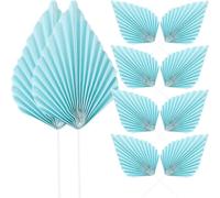 ANDRESLAD 10pcs Large Lake Blue Paper Palm Leaf Cake Decorations, Birthday Cake Toppers Folded Fan Design, Bohemian Style Cupcake Picks for Party and Baking
