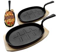 andrew james 2 Pack Pre-Seasoned Cast Iron Skillet Pan with Wooden Base, Griddle Frying Pan Ideal for Cooking, Searing, Sautéing, and Serving - Versatile Steak Skillet for Stovetop, Oven & Grill Use