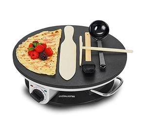 Andrew James Crepe Maker, Pancake Maker, 13 Inch Non-Stick Electric Crepe Maker, 1200W Adjustable Temperature Hotplate, Electric Pancake Griddle, Includes 4 Accessories, Up To 250°C