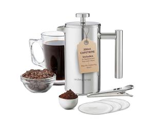 andrew james Double Walled Stainless Steel Cafetiere Gift Set With 3 Mesh Filters, Coffee Measuring Spoon And Bag Sealing Clip, Delicious French Press Coffee, Easy to Clean (350ml, Stainless Steel)