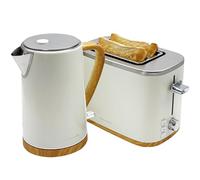 Andrew James Kettle and 2 Slice Toaster Set, 1.7L Rapid Boil Kettle & 2 Slice Toaster Wide Slots, Defrost & Reheat Function, Modern Matching Kitchen Set, Matt Ivory Effect with Wood Effect Handles