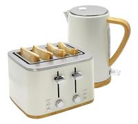 Andrew James Kettle and 4 Slice Toaster Set, 1.7L Rapid Boil Kettle & 4 Slice Toaster Wide Slots, Defrost & Reheat Function, Modern Matching Kitchen Set, Matt Ivory Effect with Wood Effect Handles