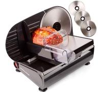 Andrew James Meat Deli Slicer Electric Food Slicer for Bread, Meat, Cheese & Sunday Carvery | Meat Cutting Machine with 3 Interchangeable 19cm Blades | Plastic Pusher, Blade Guard, Non-Slip Feet 150W