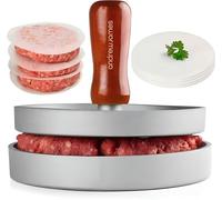 Andrew James Quarter Pounder Hamburger Maker | Cast Aluminium Burger Press and Meat Tenderiser with Wooden Handle | Includes 100 Wax Paper Discs