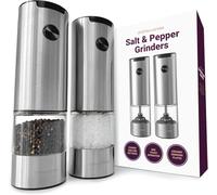 Andrew James Salt and Pepper Mills Electric Grinder Set Stainless Steel Illuminated Dispenser Adjustable Coarseness Ceramic Blades, One Touch Operation, Battery Power, 17.5cm x 5cm (Stainless Steel)