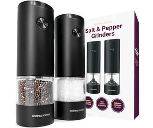 Andrew James Salt and Pepper Mills Electric Grinder Set Stainless Steel Illuminated Dispenser Adjustable Coarseness Ceramic Blades, One Touch Operation, Battery Power, 17.5cm x 5cm (Matt Black)