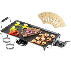 Andrew James Teppanyaki Electric Grill Plate & 2 Egg Rings | Large Non-Stick Tabletop Griddle with 43cm x 22.5cm Hot Plate & Adjustable Temperature | Includes 8 Wooden Spatula & Recipes in Manual