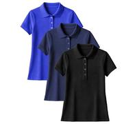 Andrew Scott Women's Golf Polo Shirts | Ultra Soft Quick Dry V Neck Button Collar Tops | Multi Packs & Colors, 3 Pack-black, Classic Navy, True Royal, XL
