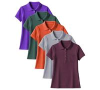 Andrew Scott Women's Golf Polo Shirts | Ultra Soft Quick Dry V Neck Button Collar Tops| Multi Packs & Colors, 5 Pack- Campus Purple, Forest, Burgundy, Campus Orange, Platinum, XXL