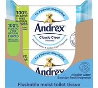 Andrex Classic Clean Washlets 12 Packs Flushable Toilet Tissue Wet Wipes Micellar Water-Biodegradable Plastic-Free Use with Regular Toilet Roll
