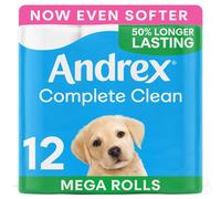 Andrex Complete Clean 12 Mega Toilet Rolls= 18 Standard Toilet Rolls, 50% Longer Lasting Paper with unique 3D Wave Texture for a Proven, Effective Cl