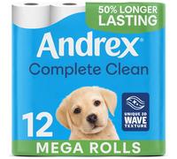Andrex Complete Clean 12 Mega Toilet Rolls= 18 Standard Toilet Rolls, 50% Longer Lasting Paper with unique 3D Wave Texture for a Proven, Effective