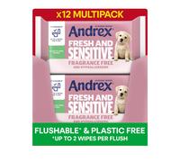 Andrex Fresh and Sensitive Hygiene Wipes 12 Pack Flushable Moist Toilet Tissue Hypoallergenic and Fragrance Free Wet Wipes for Sensitive Skin Pack of