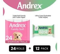 Andrex Gentle 2-Ply Toilet Paper 24 Rolls + Ultra Care Washlets 12 Pack