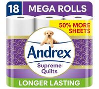 Andrex Supreme Quilts Mega Toilet Roll - 18 Mega Rolls (27 Standard Toilet Rolls), 3-ply, 25% Thicker Paper than Before to Provide Ultimate Quilted Comfort