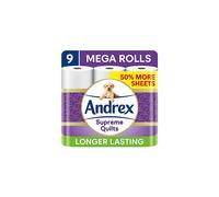 Andrex Supreme Quilts Mega Toilet Roll - 9 Mega Rolls (13.5 Standard Toilet Rolls), 3-ply Quilted Toilet Paper, 25% Thicker Paper than Before to
