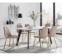 Andria Marble Effect Dining Table With Black Legs & 6 Corona Gold Leg Chairs FurnitureboxUK Beige One Size