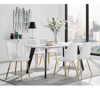 Andria Marble Effect Dining Table With Black Legs & 6 Corona Gold Leg Chairs FurnitureboxUK White One Size