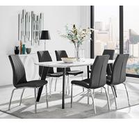 Andria Marble Effect Dining Table With Black Legs & 6 Isco Faux Leather Chairs FurnitureboxUK Black One Size