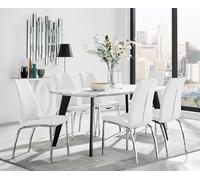 Andria Marble Effect Dining Table With Black Legs & 6 Isco Faux Leather Chairs FurnitureboxUK White One Size