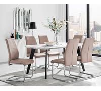Andria Marble Effect Dining Table With Black Legs & 6 Lorenzo Faux Leather Chairs FurnitureboxUK Beige One Size