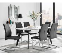 Andria Marble Effect Dining Table With Black Legs & 6 Lorenzo Faux Leather Chairs FurnitureboxUK Black One Size