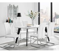 Andria Marble Effect Dining Table With Black Legs & 6 Lorenzo Faux Leather Chairs FurnitureboxUK White One Size
