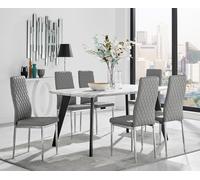Andria Marble Effect Dining Table With Black Legs & 6 Milan Faux Leather Silver Leg Chairs FurnitureboxUK Grey One Size