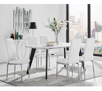 Andria Marble Effect Dining Table With Black Legs & 6 Milan Faux Leather Silver Leg Chairs FurnitureboxUK White One Size