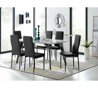 Andria Marble Effect Dining Table With Black Legs & 6 Milan Velvet Black Leg Chairs FurnitureboxUK Black One Size
